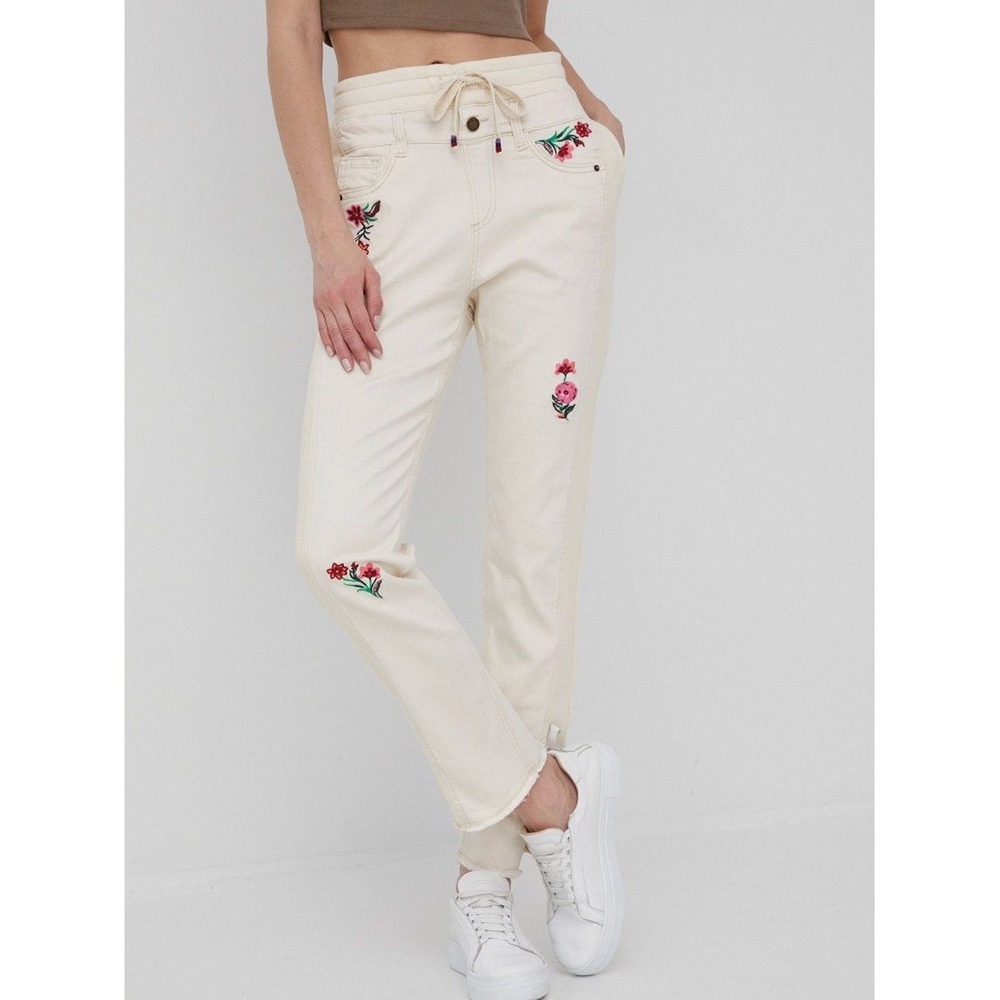 Desigual Floral Jogger Jeans Sz S Off-White Cotton Boho Y2K Embroidered NWT